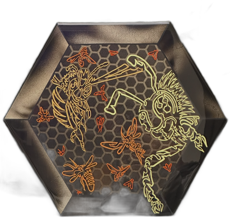 Custom hand-detailed hexagon panel artwork featuring wasps over a honeycomb pattern, by Danalog